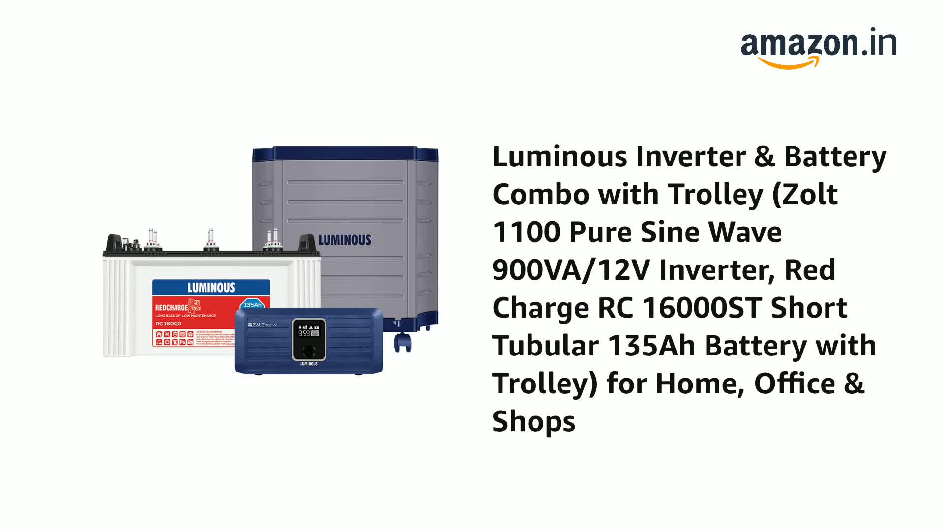Luminous Inverter & Battery Combo with Trolley (Zolt 1100 Pure